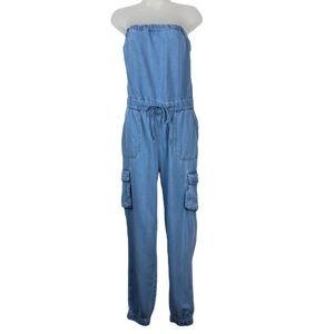 Guess Lucia Denim Cargo Strapless Jumpsuit Small Tazi Blue